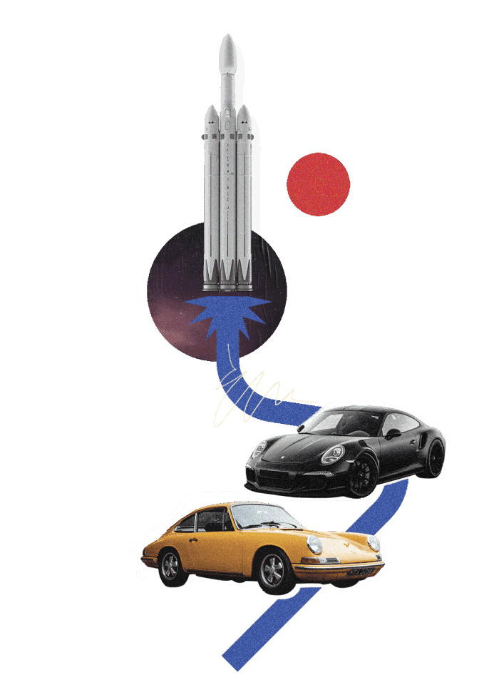 Illustration eines alten Porsche Models, das sich bis zur Rakete weiterentwickelt. Eine Darstellung was durch Wachstum & Wandel bei der Noah Gruppe möglich ist.